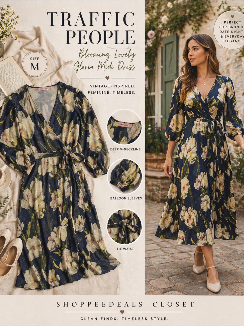 Traffic People “Blooming Lovely” Gloria Midi Dress Retro Balloon Sleeve